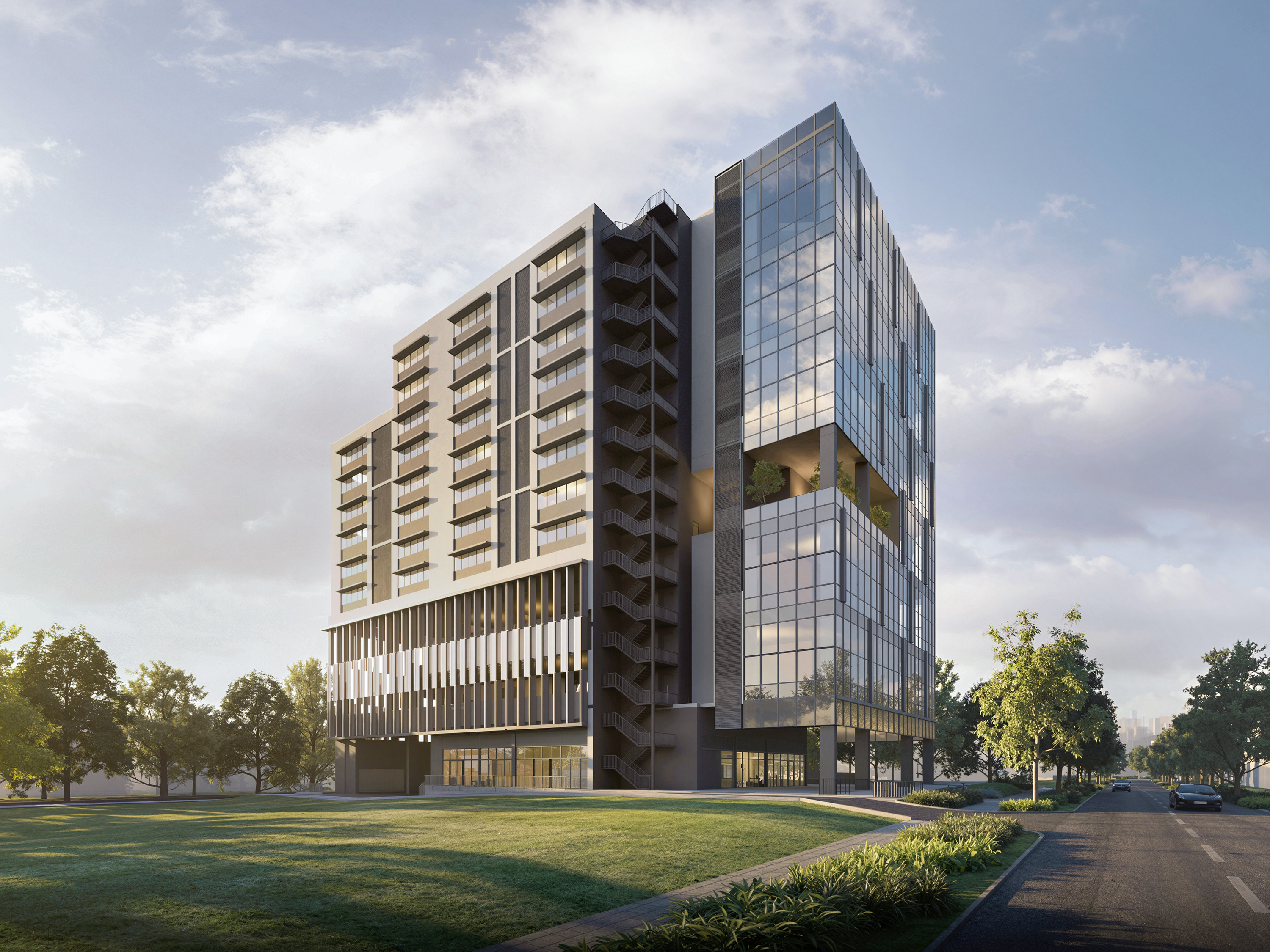 SPACE NOVA exterior — modern glass-clad building with street access